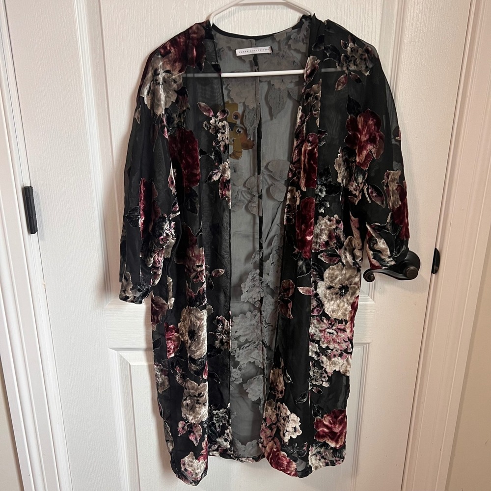 Three Eighty Two Black Floral Velvet Burnout Kimono Duster Cardigan Jacket M - Picture 3 of 8